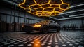 Futuristic Car Garage Design Featuring State-of-the-Art Hexagon Lighting Royalty Free Stock Photo