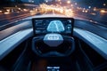 Futuristic car heads-up display showcasing speed and navigation in a vibrant urban setting Royalty Free Stock Photo
