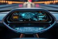 Futuristic car heads-up display showcasing speed and navigation in a vibrant urban setting Royalty Free Stock Photo