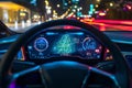 Futuristic car heads-up display showcasing speed and navigation in a vibrant urban setting Royalty Free Stock Photo