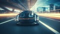Futuristic car on highway with full self driving system. Clean energy transportation concept. Royalty Free Stock Photo