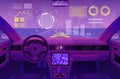 Futuristic car inside interior vector illustration, cartoon flat automobile cabin of ui future with windshield digital Royalty Free Stock Photo
