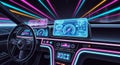 Futuristic car interior with illuminated dashboard, glowing neon lights, and advanced touchscreen controls in dark setting Royalty Free Stock Photo