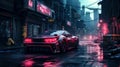 Futuristic car with neon headlight in cyberpunk city, vehicle on dark dystopian street. Gloomy alley with low light in rain at