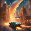 Futuristic car in oldtimer (fictional) style against the backdrop of bright fantastic city streets.