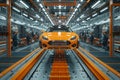 Futuristic car production line with orange vehicle in a brutalist style factory setting