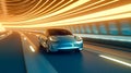 Futuristic car on the road in tunnel with motion blur background. Royalty Free Stock Photo