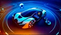Futuristic car is shown on blue and orange background with circles around it. Generative AI Royalty Free Stock Photo