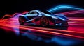 futuristic car speeding along a colorful, neon-lit road, epitomizing the essence of high-tech innovation and rapid motion.