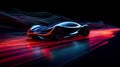 futuristic car speeding along a colorful, neon-lit road, epitomizing the essence of high-tech innovation and rapid motion.