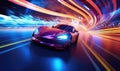 Futuristic car speeding through neon-lit tunnel. Created with AI