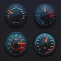 Futuristic car speedometers, speed indicators with pointer for vehicle dashboard isolated vector set