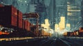 Futuristic Cargo Port Illustration Depicting Technology and Industry in Urban Setting Royalty Free Stock Photo