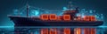 Futuristic cargo ship, digital interface neon lights. Container vessel with hi-tech design, vibrant blue and orange glow. Modern Royalty Free Stock Photo