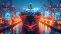 Futuristic Cargo Ship Docked in Neon Lit Harbor with Holographic Analytics Displays Royalty Free Stock Photo