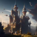Futuristic Castle Surrounded by Space Ships and Small Planets
