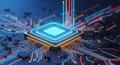 Futuristic central processing unit chip with glowing blue circuits and digital technology design elements Royalty Free Stock Photo