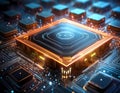 Futuristic central processor unit. Powerful Quantum CPU on PCB motherboard with data transfers.