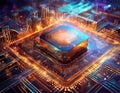 Futuristic central processor unit. Powerful Quantum CPU on PCB motherboard with data transfers.