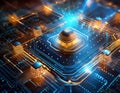 Futuristic central processor unit. Powerful Quantum CPU on PCB motherboard with data transfers.