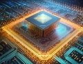 Futuristic central processor unit. Powerful Quantum CPU on PCB motherboard with data transfers.