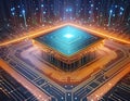 Futuristic central processor unit. Powerful Quantum CPU on PCB motherboard with data transfers.