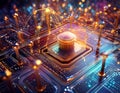 Futuristic central processor unit. Powerful Quantum CPU on PCB motherboard with data transfers.