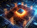 Futuristic central processor unit. Powerful Quantum CPU on PCB motherboard with data transfers.