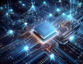 Futuristic central processor unit. Powerful Quantum CPU on PCB motherboard with data transfers.