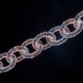 A futuristic chain made of interconnected digital nodes and lines glows against a dark Royalty Free Stock Photo