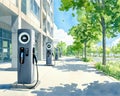 Futuristic charging stations lined along tree lined sidewalk, showcasing modern technology in serene environment Royalty Free Stock Photo