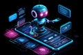 Futuristic chatbot interacting with an AI-powered mobile device in a digital environment