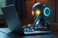 Futuristic chatbot robot using laptop. Artificial intelligence character with glowing eyes, rings working online. Digital Royalty Free Stock Photo