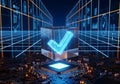 Futuristic checkmark hologram above digital circuit board in data environment representing AI validation, system approval and Royalty Free Stock Photo