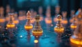 Futuristic chessboard glowing pieces represent strategy planning competition. Conceptual image of technological progress, Royalty Free Stock Photo