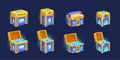 Futuristic Chests, Closed And Open Boxes With Treasure Inside. Isolated Sci-fi Game Assets, Combine Sleek Design