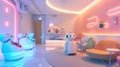 Futuristic childcare facility with friendly robots assisting in a colorful, modern playroom