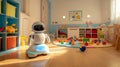 Futuristic childcare robot in a colorful nursery with toys and shelves Royalty Free Stock Photo