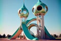 A futuristic children's playground with towering slides and colorful structures, generative ai