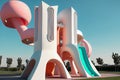 A futuristic children's playground with towering slides and colorful structures, generative ai