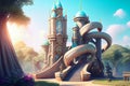 A futuristic children's playground with towering slides and colorful structures, generative ai