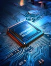 A futuristic chip, illuminated by a spotlight, dominates the image