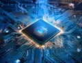 A futuristic chip, illuminated by a spotlight, dominates the image