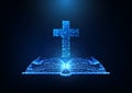 Futuristic Christianity worship concept with glowing low polygonal open bible and Christian cross Royalty Free Stock Photo