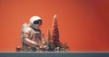 Futuristic Christmas background. Astronaut arranging Xmas decoration.