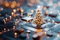 Futuristic christmas tree on circuit board with glowing holiday lights Royalty Free Stock Photo