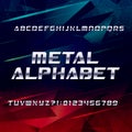 Futuristic chrome alphabet font. Metallic effect oblique letters and numbers on an abstract background.