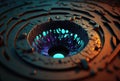 Futuristic circle metal portal, ring with blue glow, abstract background, 3d render tunnel. Generative AI