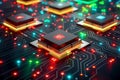 Futuristic Circuit Board with AI Chip Glowing in Neon Colors, Intricate Electronics, High Tech Components, Microchip, Cyber Tec