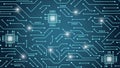 Futuristic circuit board background with glowing microchips and neon blue electronic lines on dark surface, high-tech digital Royalty Free Stock Photo